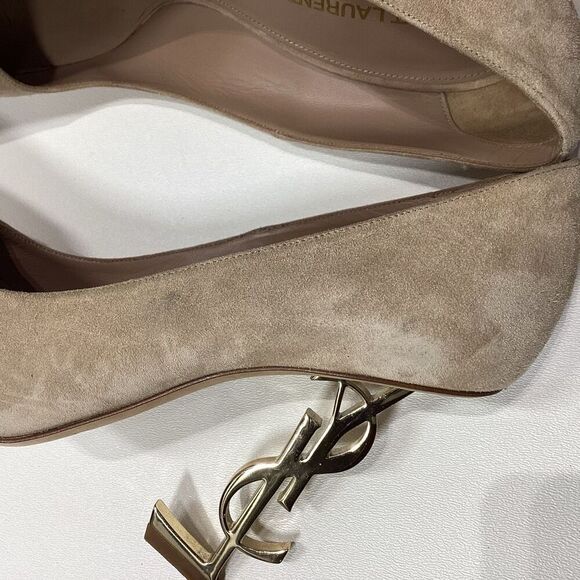 Saint Laurent Opyum Suede Beige Pump Size EU 40 Light Gold YSL Heel - Picture 10 of 16
